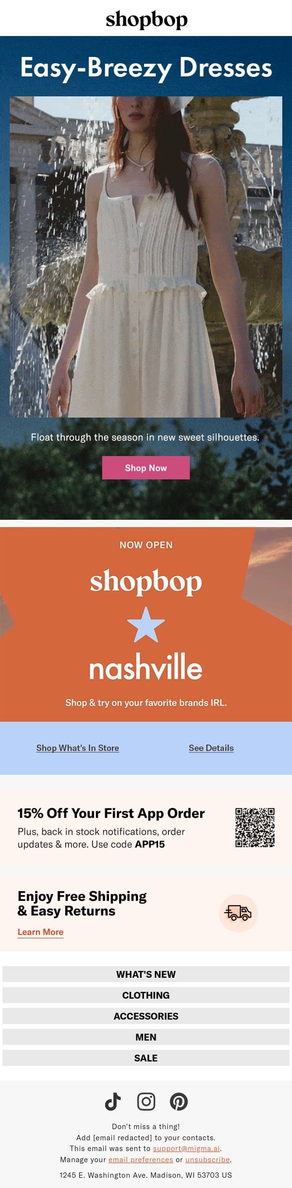 Instant outfits: airy dresses email from Shopbop screenshot
