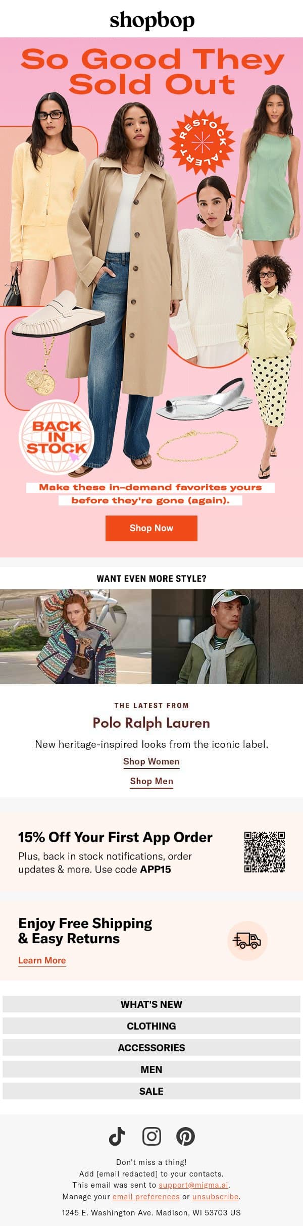 RESTOCK alert (drop everything) email from Shopbop screenshot