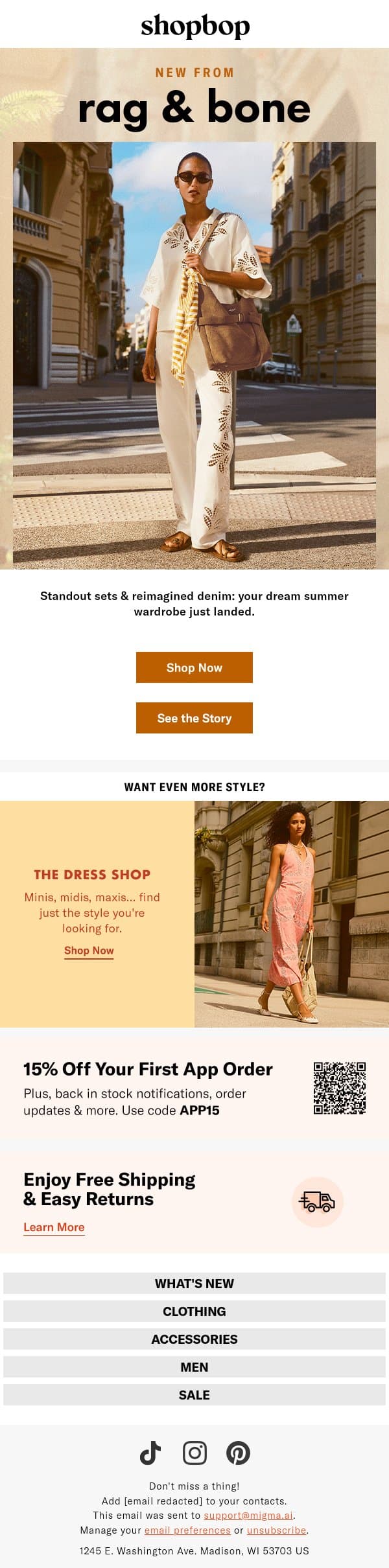 Hot days, cool looks email from Shopbop screenshot