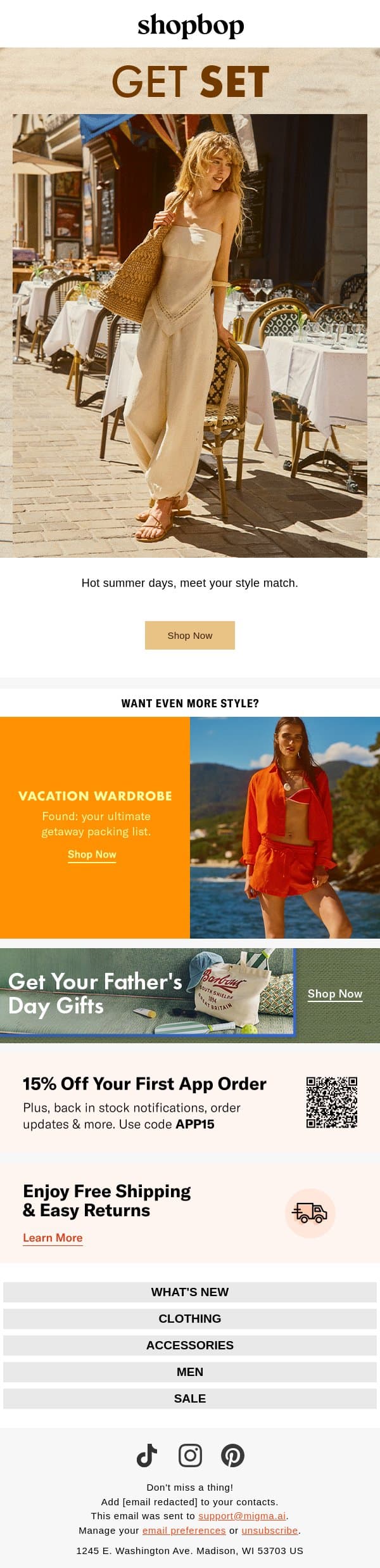 Set(s) for sun email from Shopbop screenshot