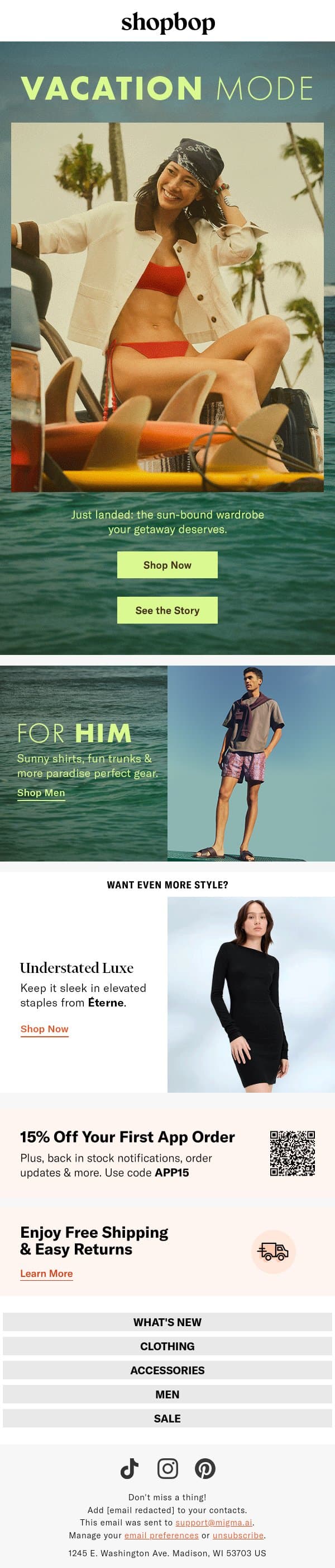 Vacation mode: on email from Shopbop screenshot