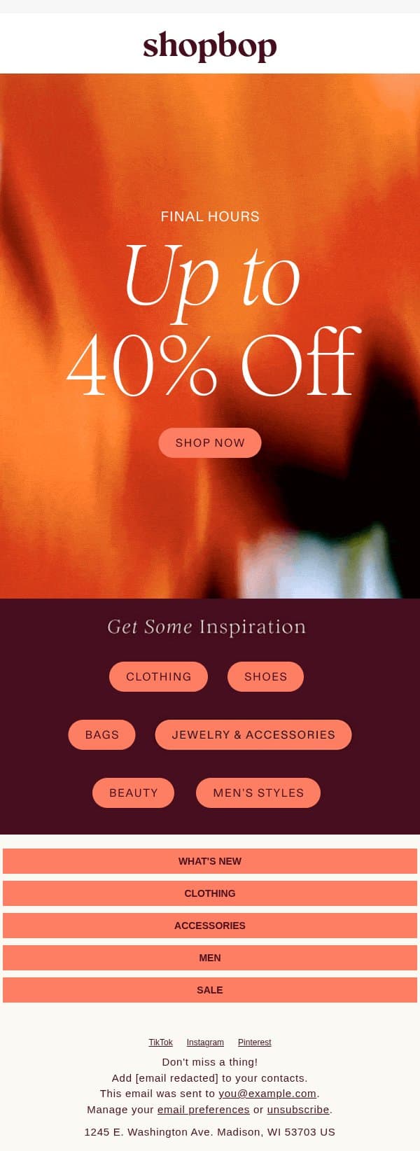 Up to 40% off—FINAL HOURS email from Shopbop screenshot