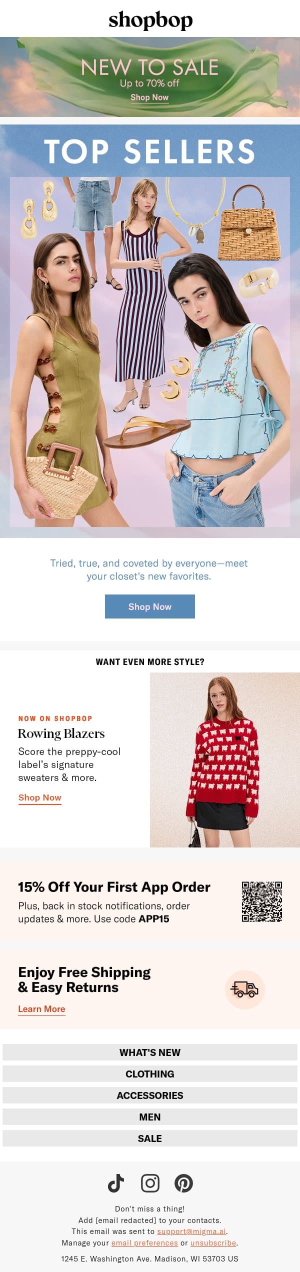 Top seller status (see why) email from Shopbop screenshot