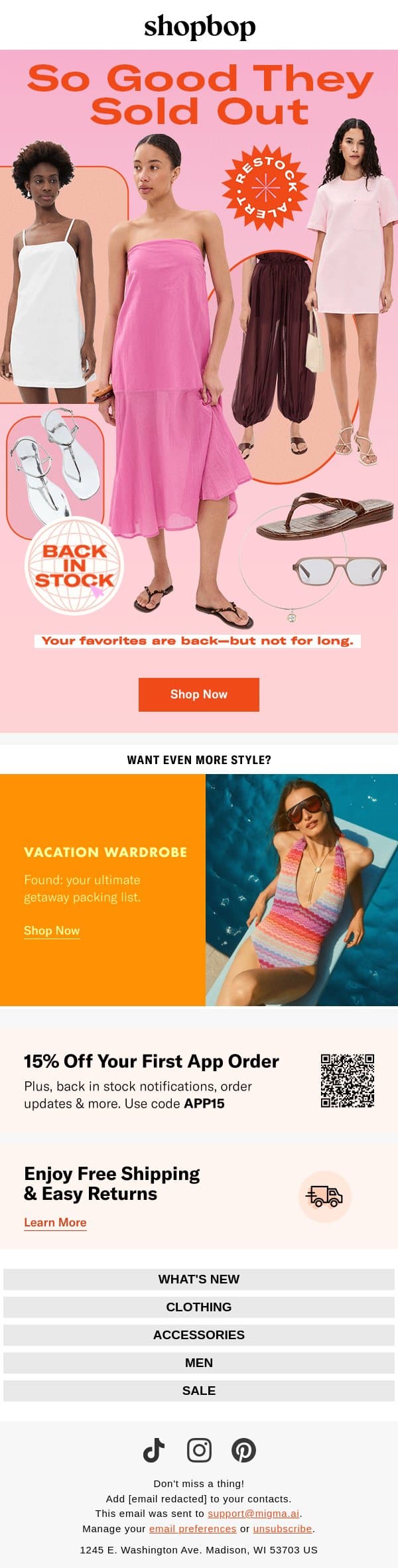Restocked (don't wait this time) email from Shopbop screenshot