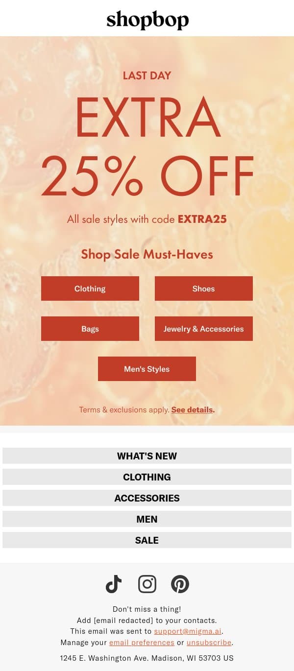 Last day: extra 25% off SALE email from Shopbop screenshot