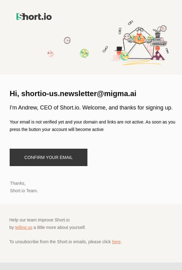 Short.io: Confirm your account email from Short.io screenshot