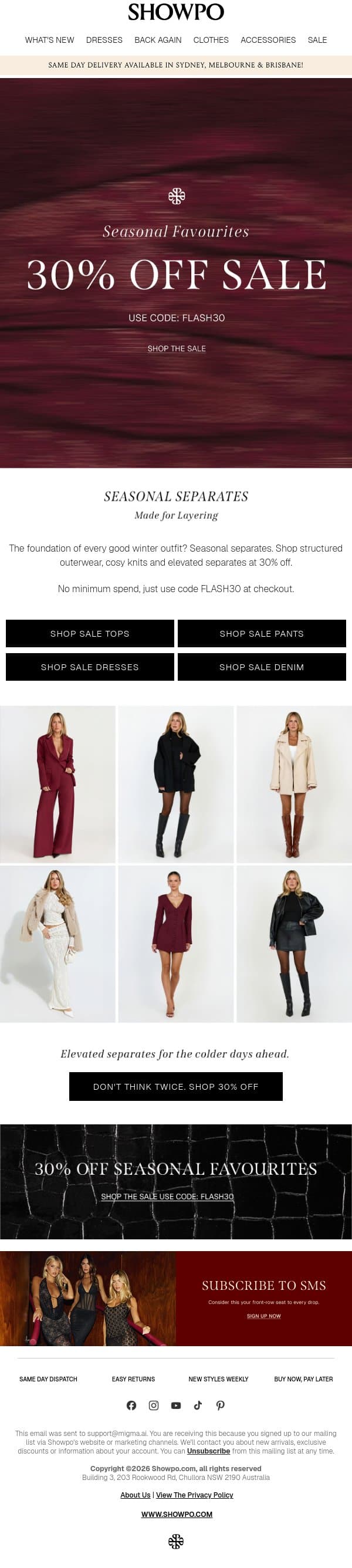 30% Off Cosy Season Essentials. Use Code: FLASH30. email from Showpo screenshot