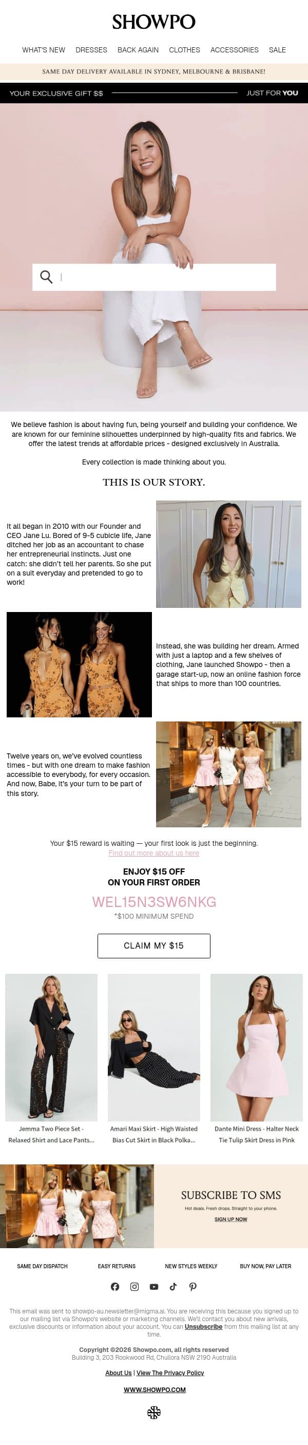 Meet our founder and your $15 discount inside email from Showpo screenshot