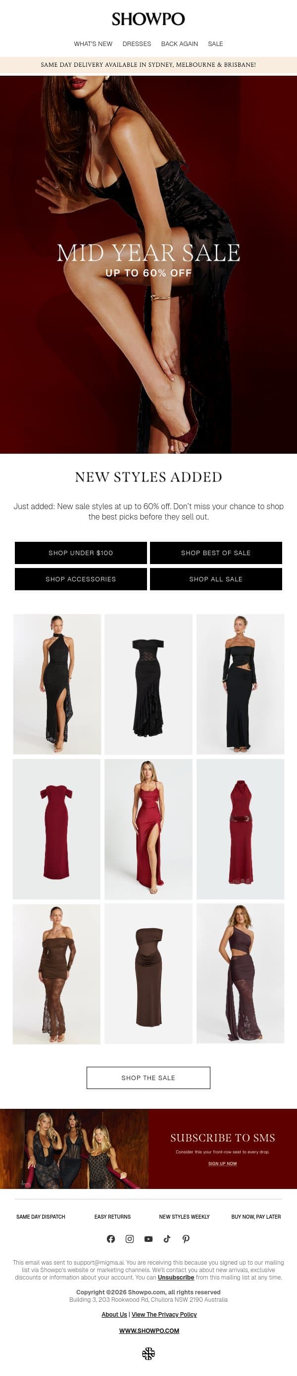New Styles Up to 60% Off email from Showpo screenshot