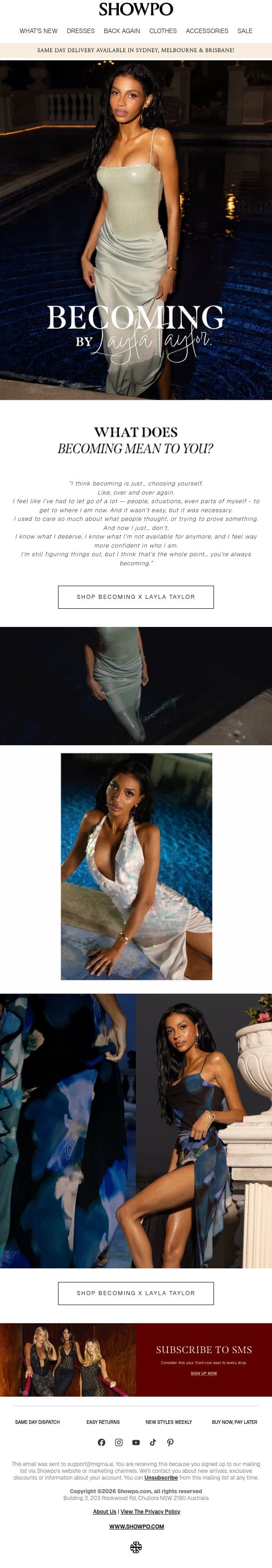 Becoming x Layla Taylor Is Here email from Showpo screenshot