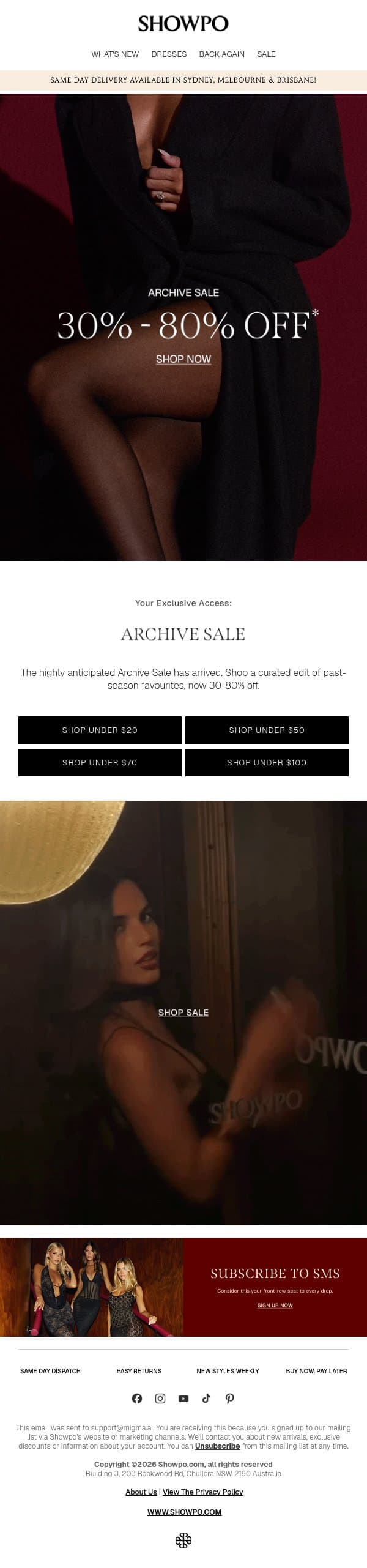 Your Exclusive Access: 30–80% Off email from Showpo screenshot