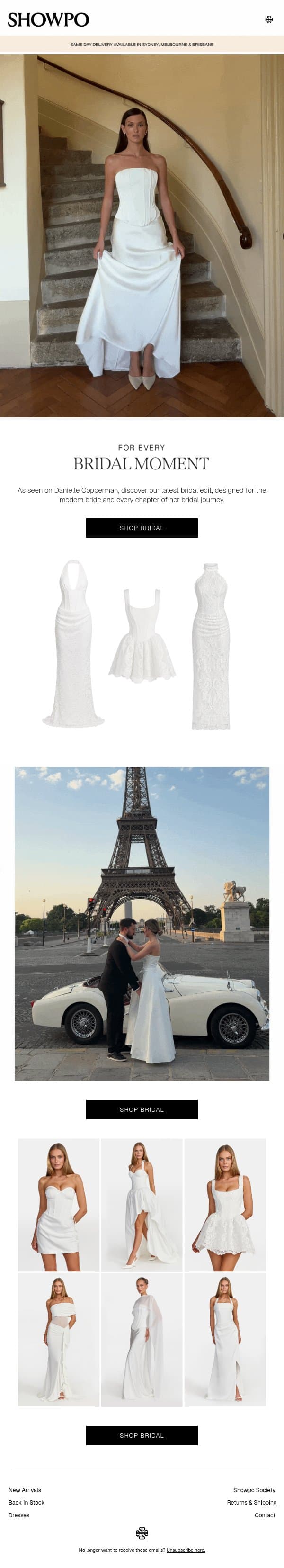 Found: Your Bridal Wardrobe. email from Showpo screenshot