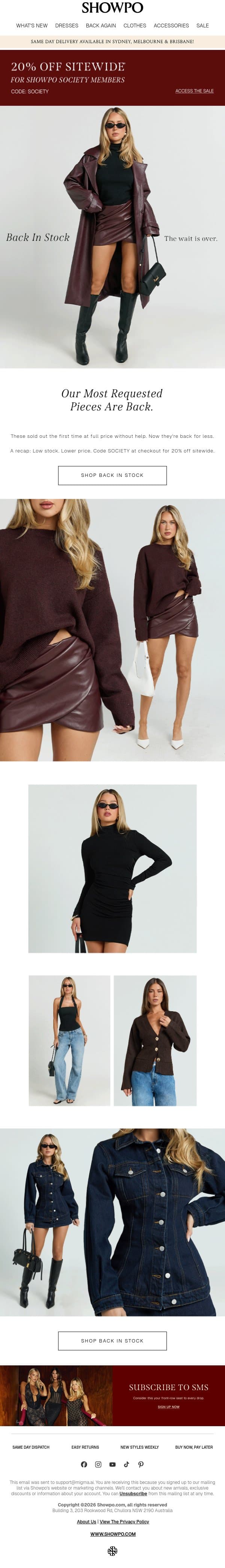 Restocked, 20% Off, No Catch email from Showpo screenshot
