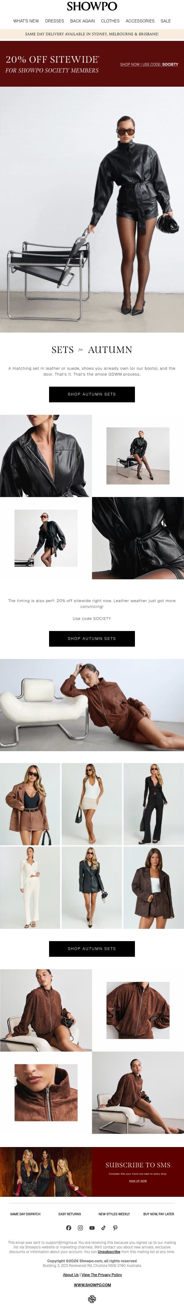 20% Off for Autumn, Hallelujah email from Showpo screenshot