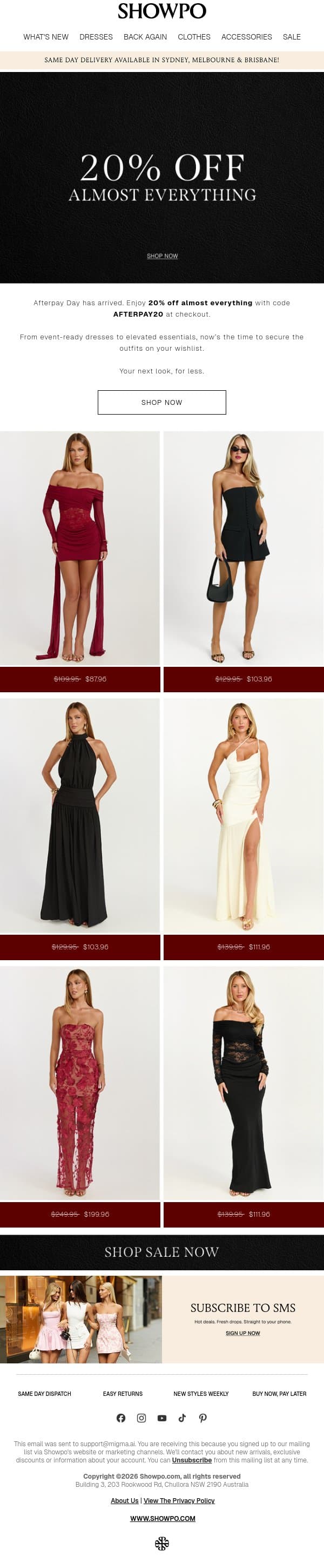 20% OFF ALMOST EVERYTHING email from Showpo screenshot