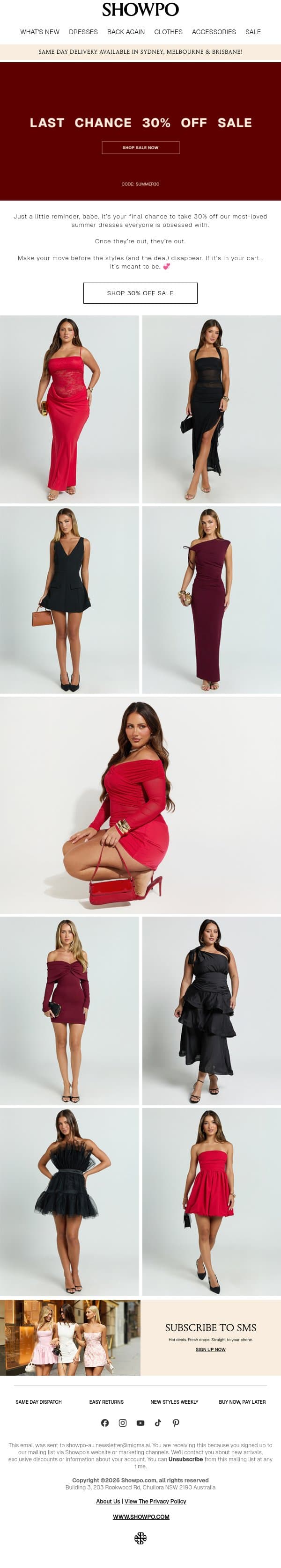 30% Off Ends Tonight email from Showpo screenshot