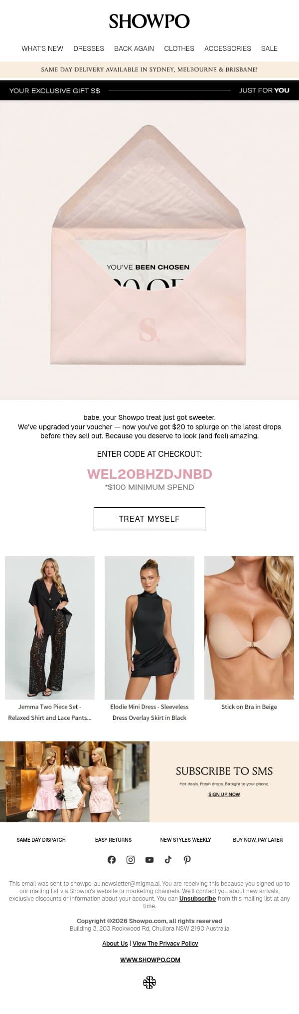 Babe , Your Voucher Has Been Upgraded! email from Showpo screenshot