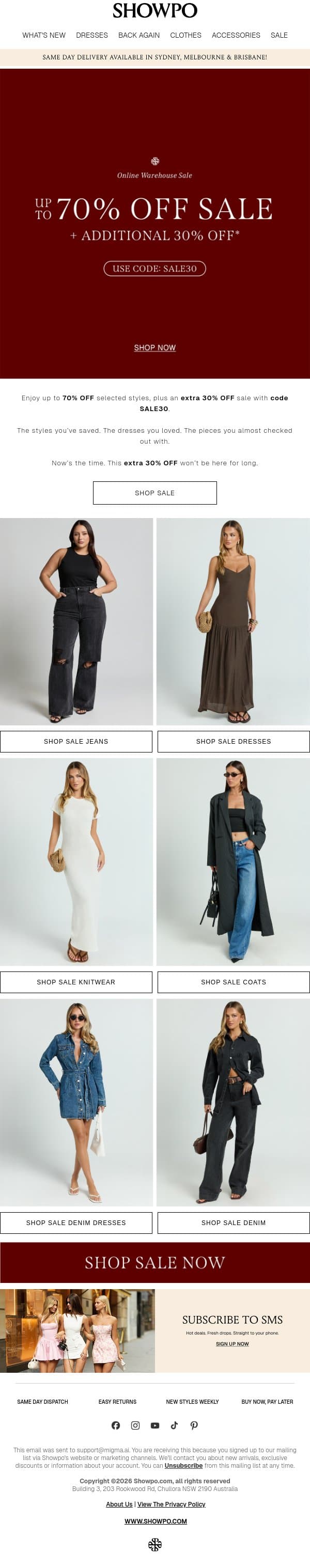Up To 70% Off Sale + Extra 30% Off email from Showpo screenshot