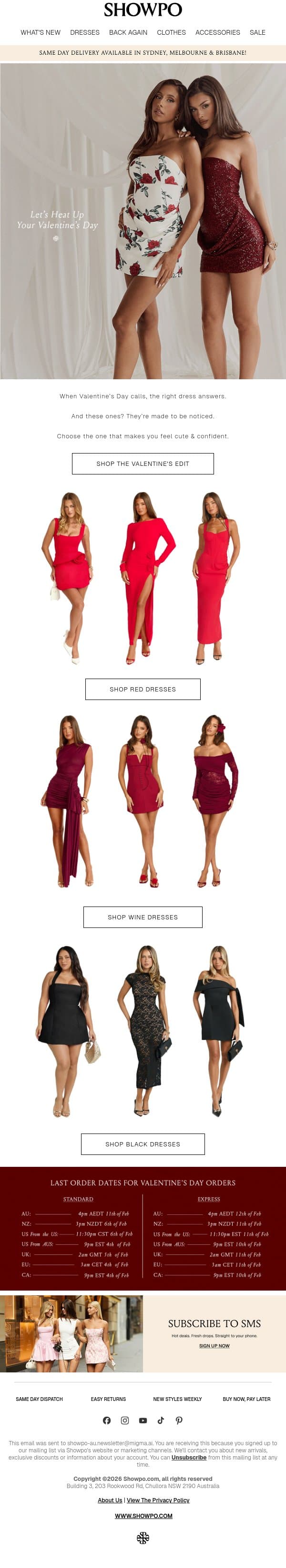 Choose Your Valentine's Day Dress email from Showpo screenshot