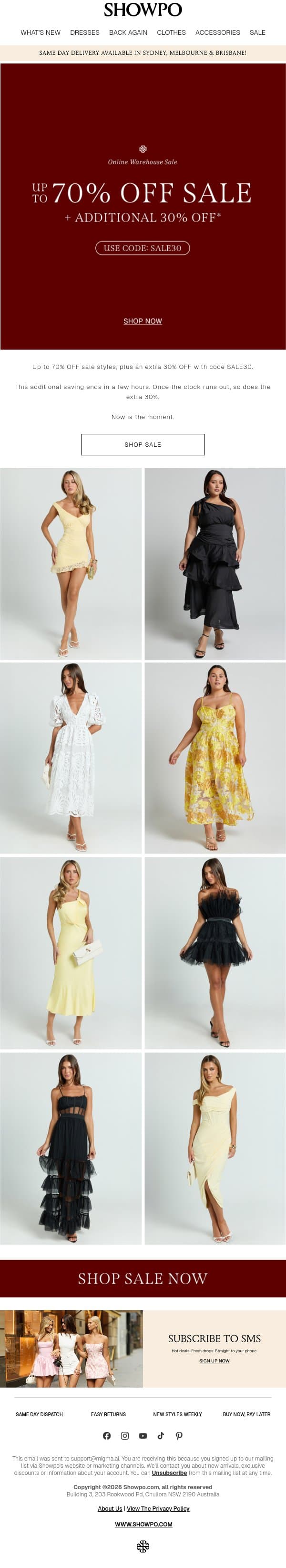 Ends Tonight: Extra 30% Off Sale email from Showpo screenshot
