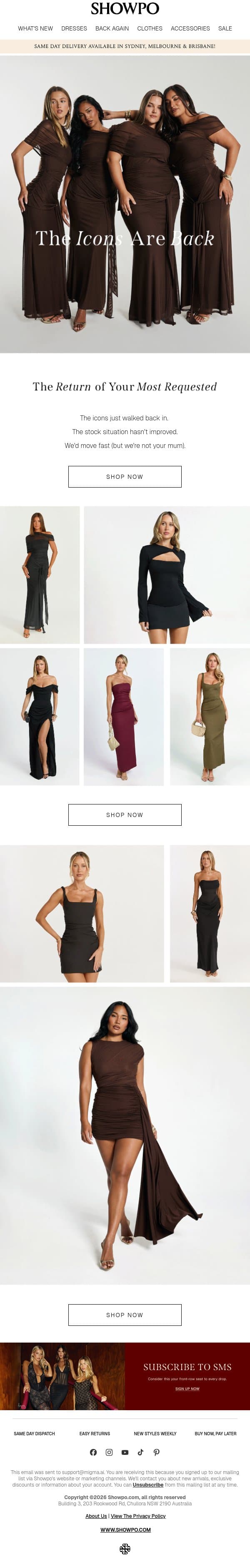 Iconic and Restocked email from Showpo screenshot