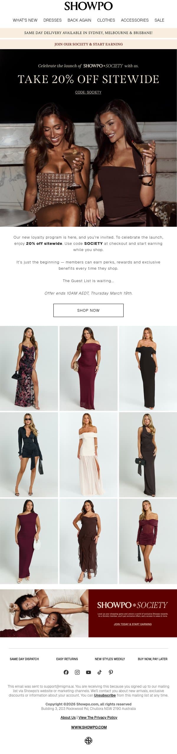 Showpo Society: 20% OFF SITEWIDE email from Showpo screenshot