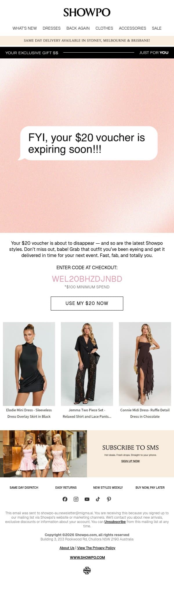 Don’t Let Your $20 Go To Waste email from Showpo screenshot