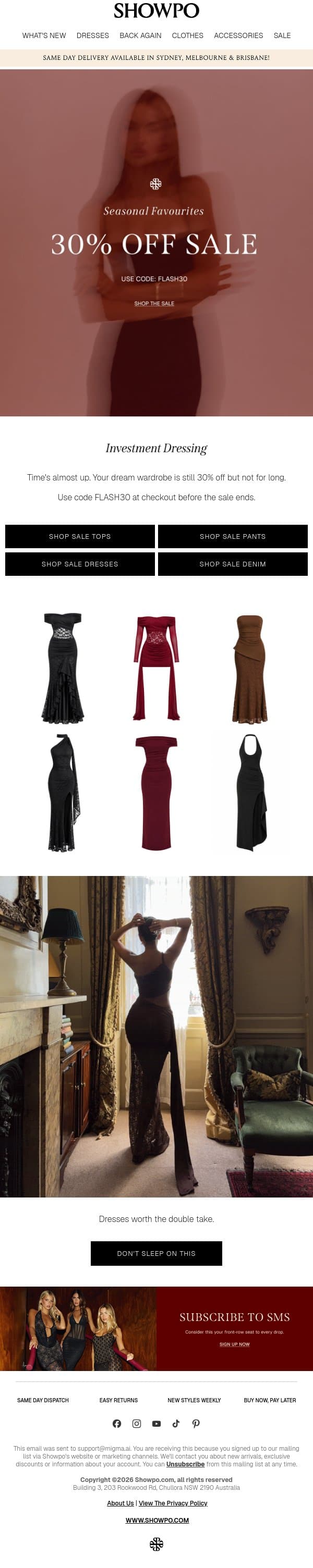 Last Chance: Use Code FLASH30 For 30% Off email from Showpo screenshot