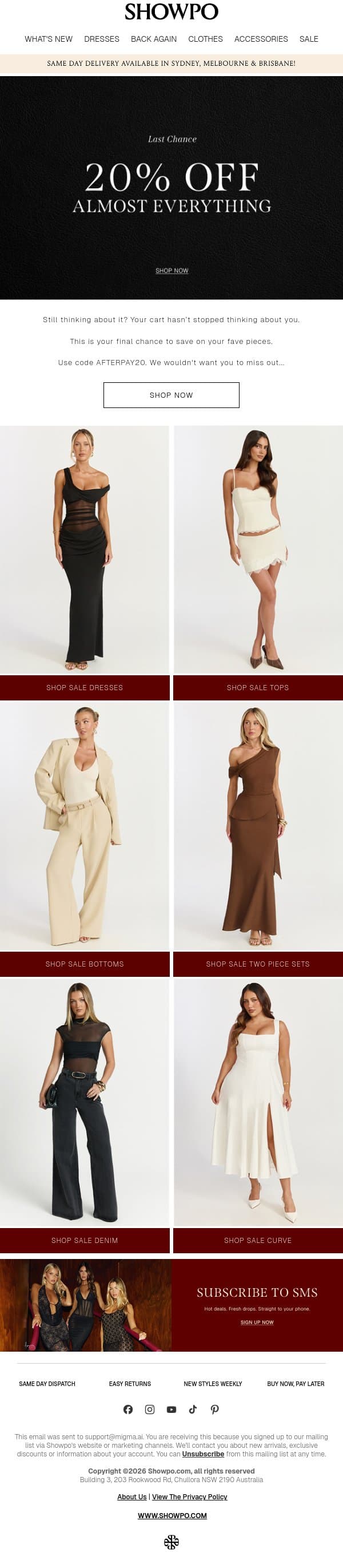 20% Off Your Cart Is Calling email from Showpo screenshot