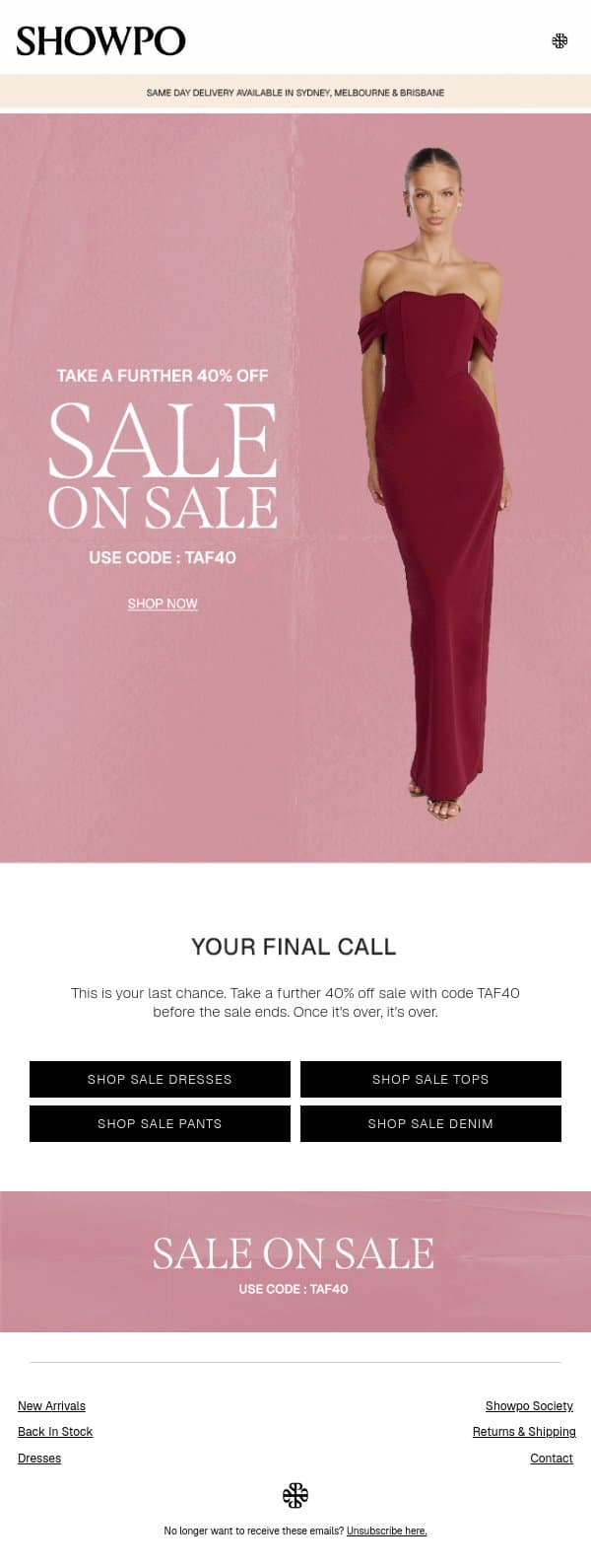 Last Chance: Extra 40% Off Sale email from Showpo screenshot