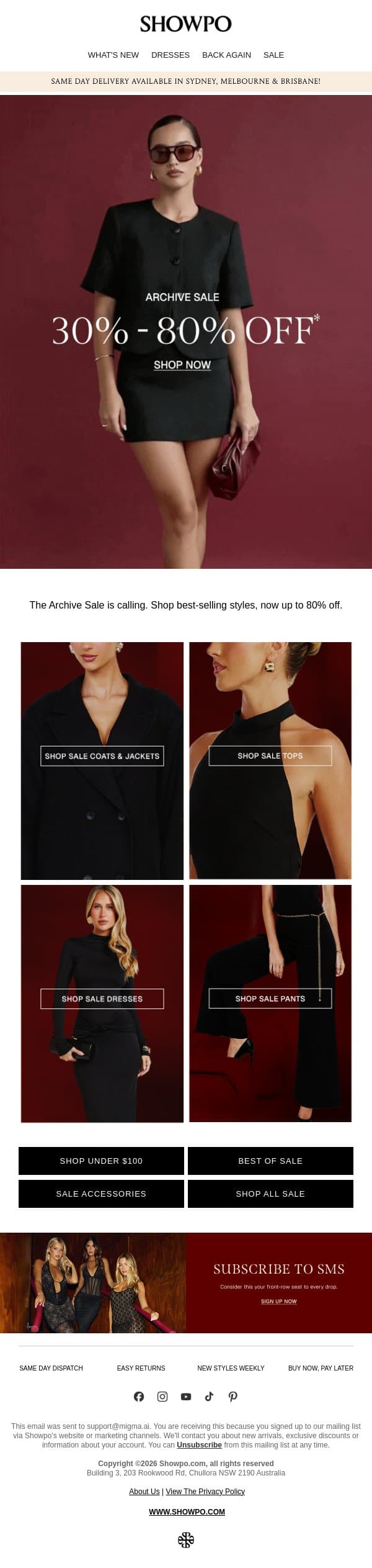 Inside the Archive email from Showpo screenshot