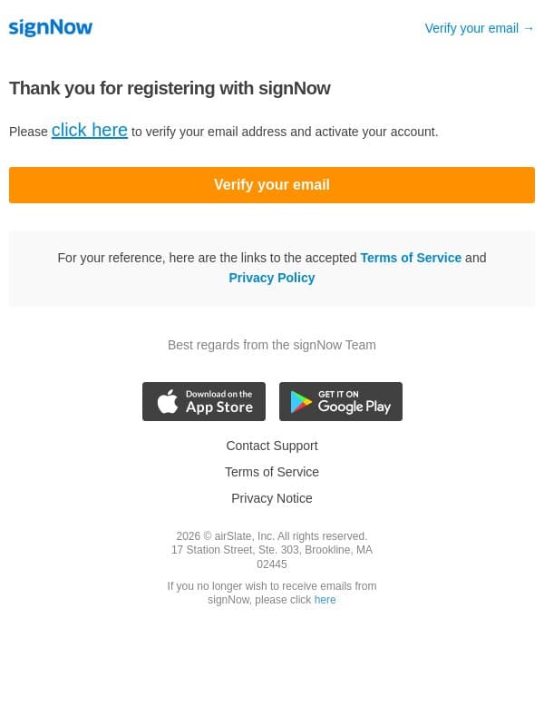 signNow - Email Verification email from SignNow screenshot