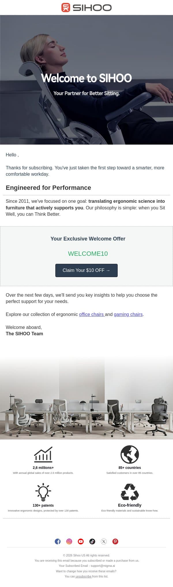 Welcome to SIHOO - Your $10 Off Inside email from SIHOO screenshot