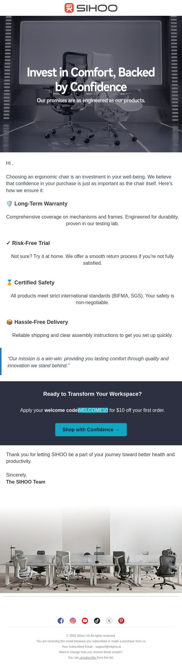 Your SIHOO Guarantee: Designed to Last, Backed by Promises email from SIHOO screenshot