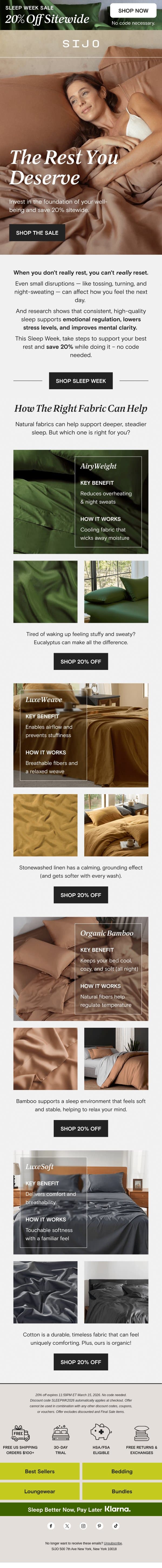 Sleep Week Ends Soon: 20% OFF email from Sijo screenshot