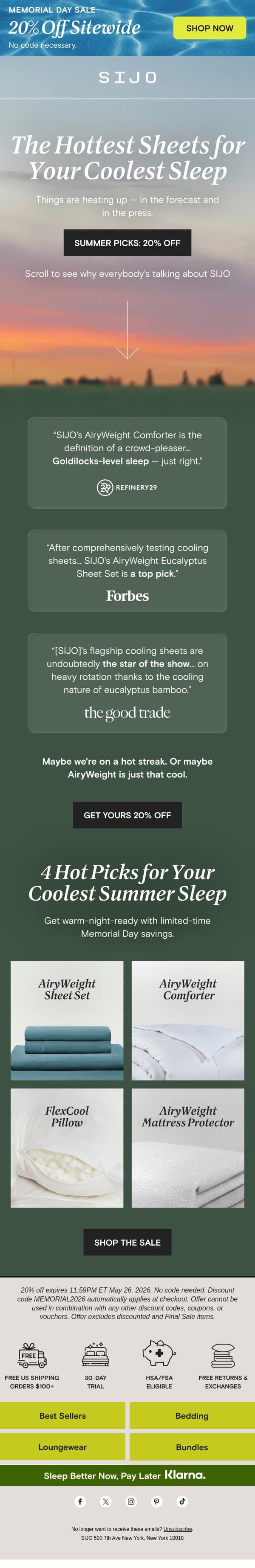 20% OFF: Hot off the press. Cool in your bed. email from Sijo screenshot