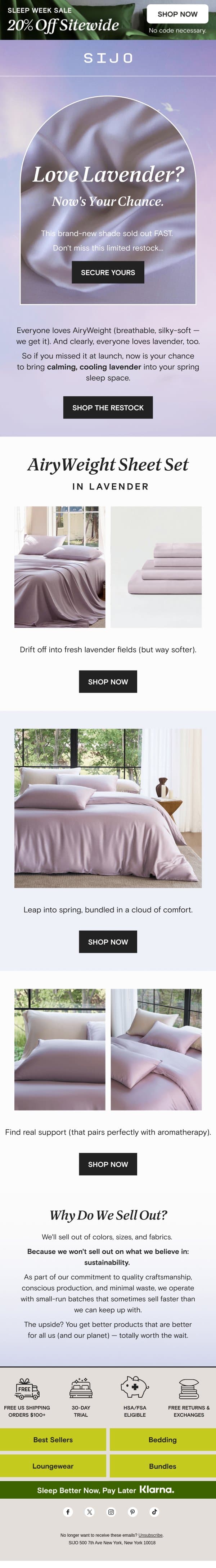 🟣 Lavender is BACK (& 20% OFF) email from Sijo screenshot
