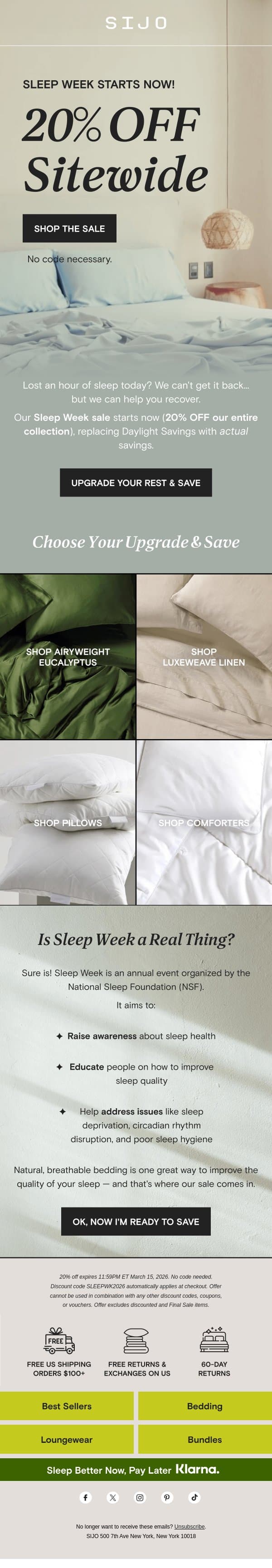 20% OFF: Sleep Week Starts NOW! email from Sijo screenshot