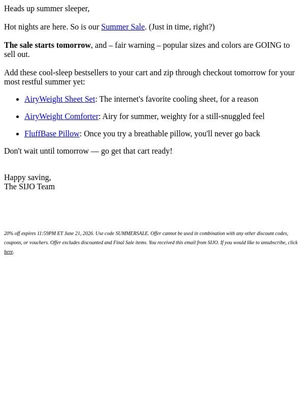 Psst... it starts TOMORROW. email from Sijo screenshot
