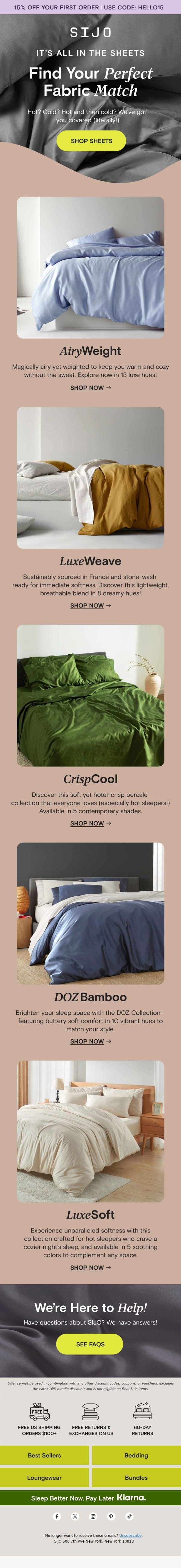 YES: 15% OFF our bestselling bedding! email from Sijo screenshot