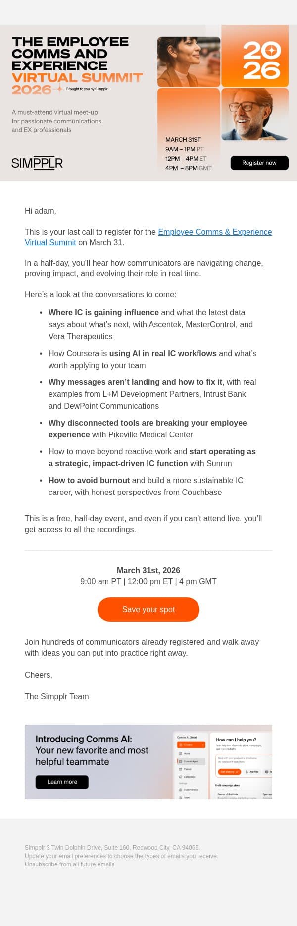 Last chance to join the Employee Comms & Experience Summit email from Simpplr screenshot