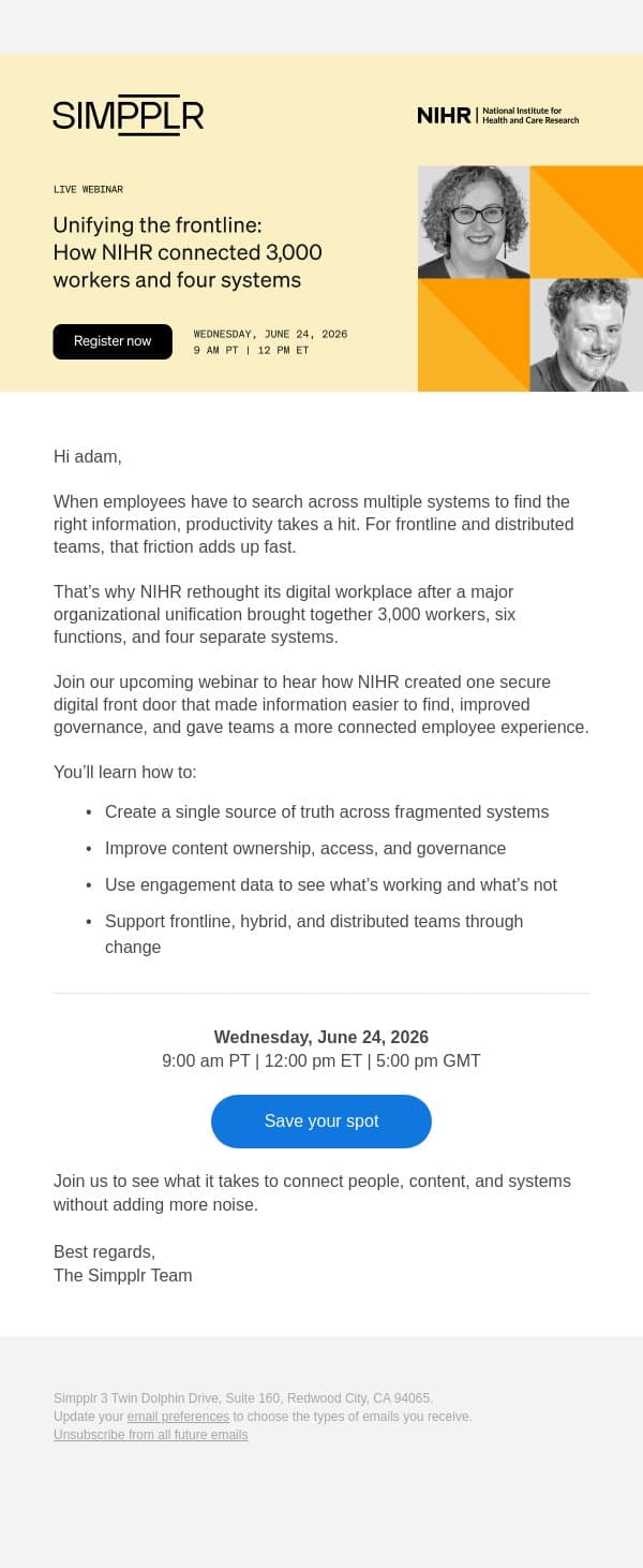 A smarter way to connect frontline teams email from Simpplr screenshot