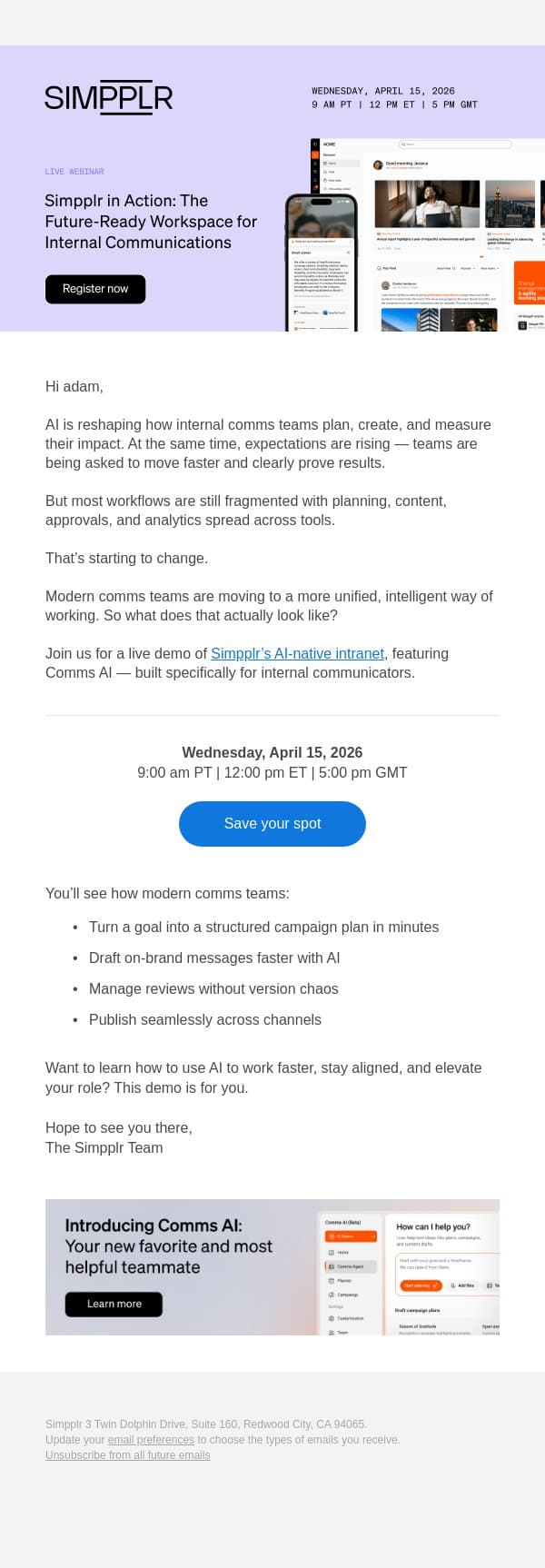 See the intelligent workspace your IC team can actually use email from Simpplr screenshot