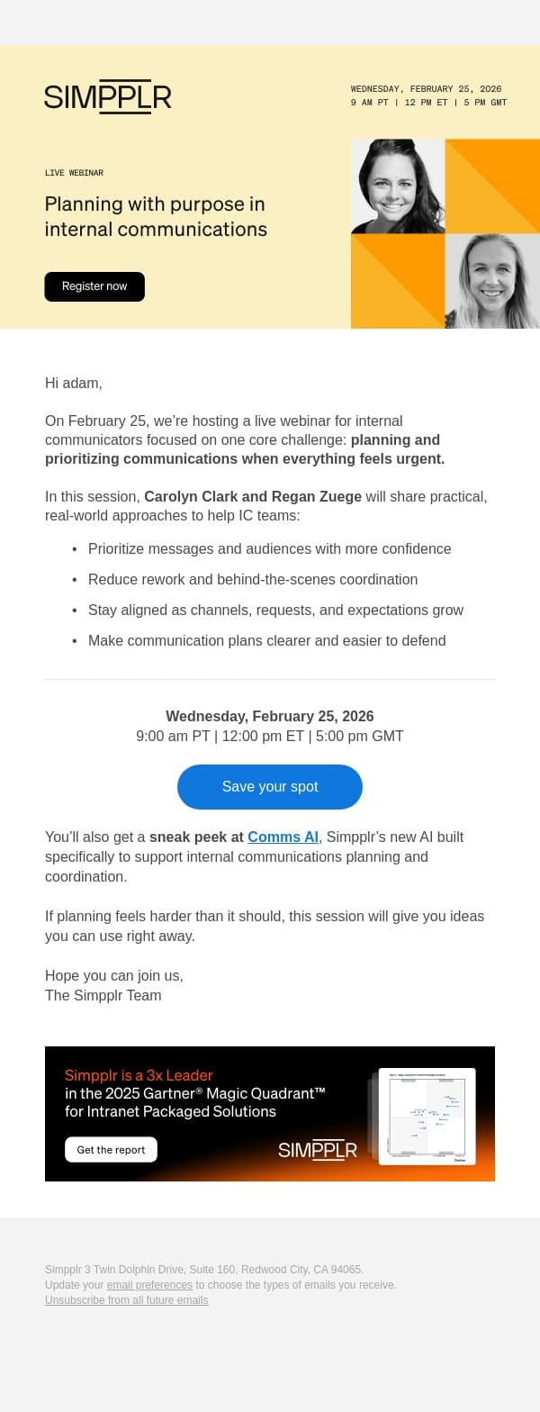 Still planning comms the hard way? Join us Feb 25 email from Simpplr screenshot