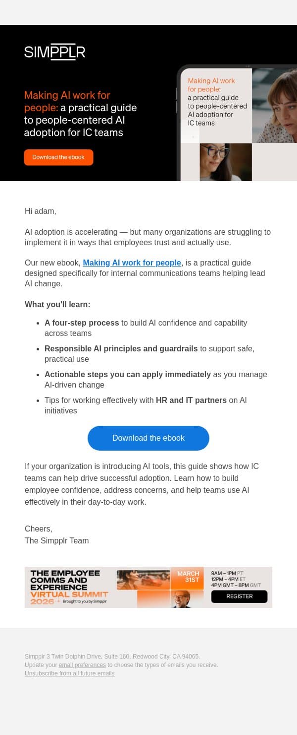 A practical guide to people-centered AI adoption email from Simpplr screenshot