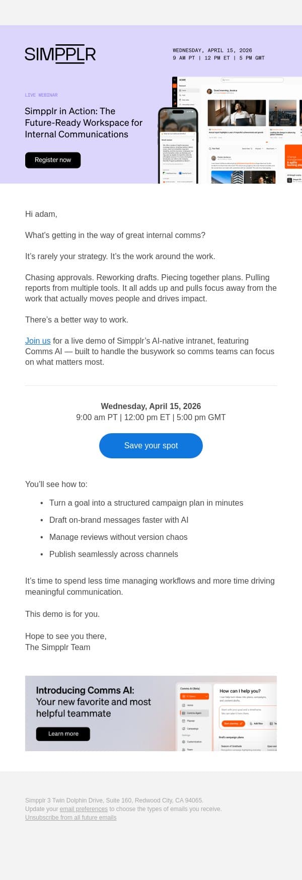 See Simpplr’s AI for comms teams in action email from Simpplr screenshot