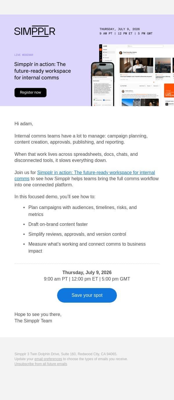 Watch Simpplr in action for internal comms email from Simpplr screenshot