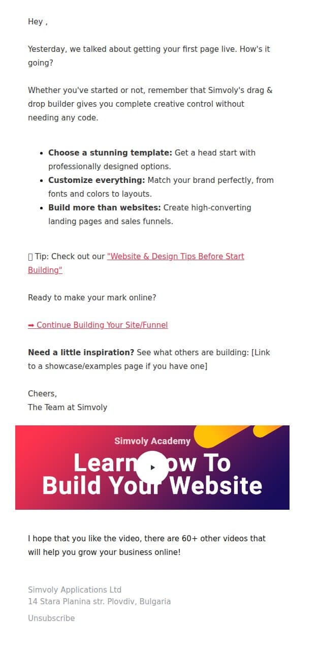 , Did You Launch Your First Page Yet? email from Simvoly screenshot