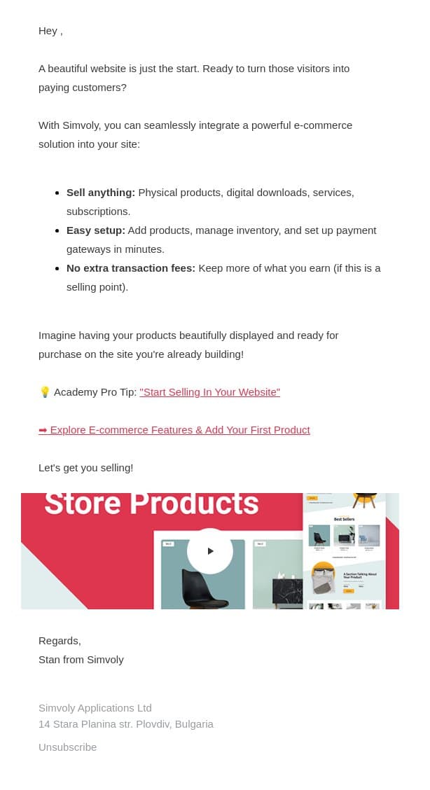 Ready to Sell, ? Activate Your Store & Sales Funnels email from Simvoly screenshot