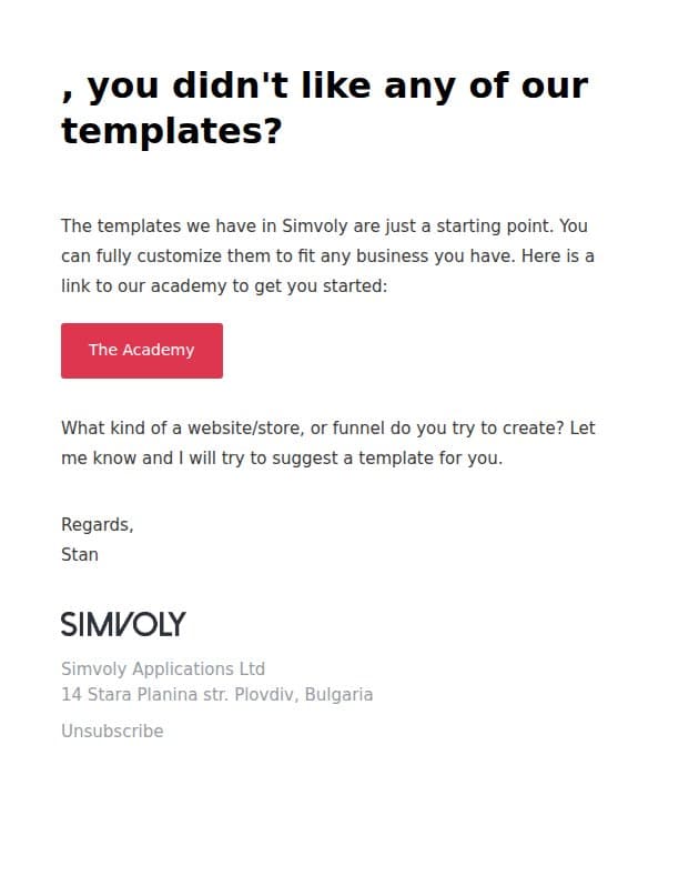 Didn't like any of the templates? email from Simvoly screenshot